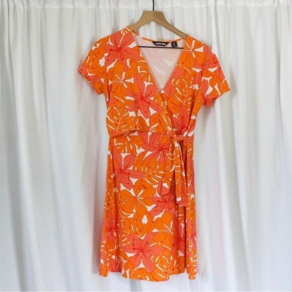 Lands End Orange and Pink Tropical Print Faux Wrap Short Sleeve Dress Small - Picture 3 of 7